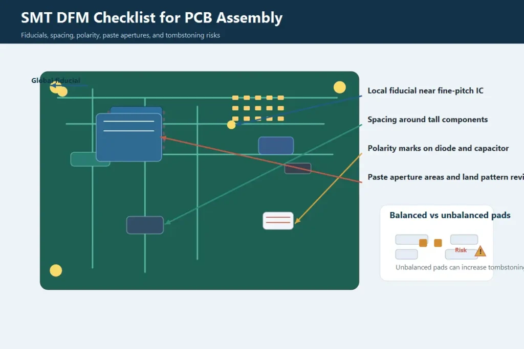 SMT DFM checklist showing fiducials, component spacing, polarity, and paste openings