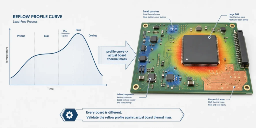 BGA reflow profile diagram showing preheat, soak, time above liquidus, peak temperature and cooling for mixed thermal mass PCB assembly