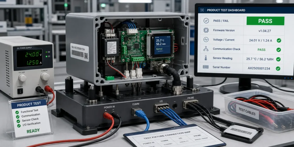 Product-level functional testing setup for box build assembly with firmware, fixture, cables, and power supply