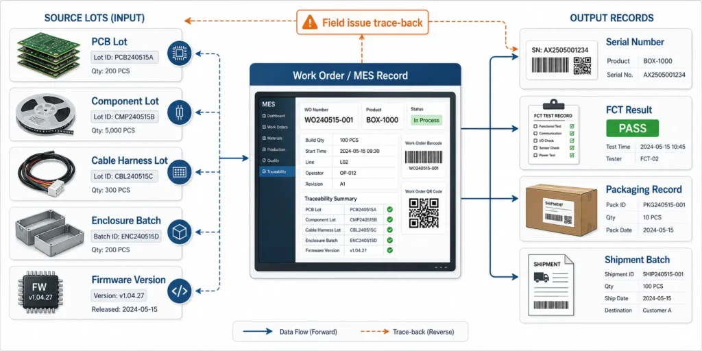 MES traceability flow linking PCB lot, component lot, firmware version, serial number, and test record