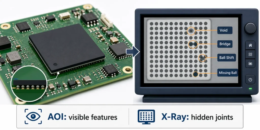 X-ray inspection of BGA solder joints showing hidden balls, voiding, bridging and ball shift risks