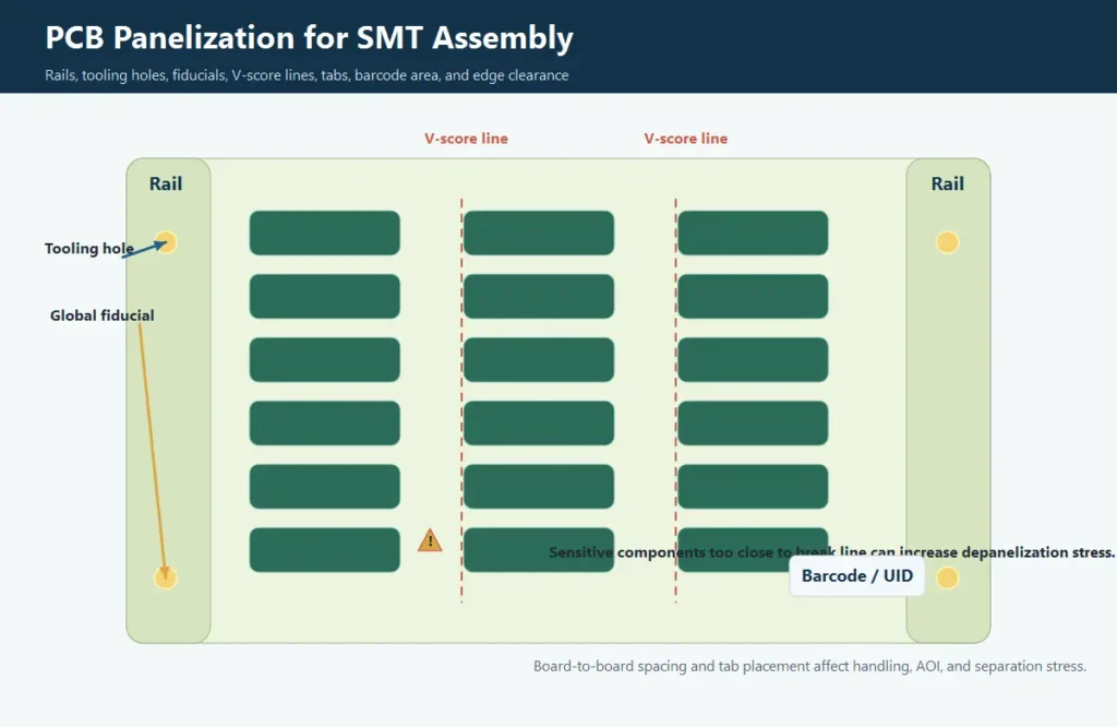 PCB panelization for SMT assembly with rails, tooling holes, fiducials, V-cut, and mouse bites