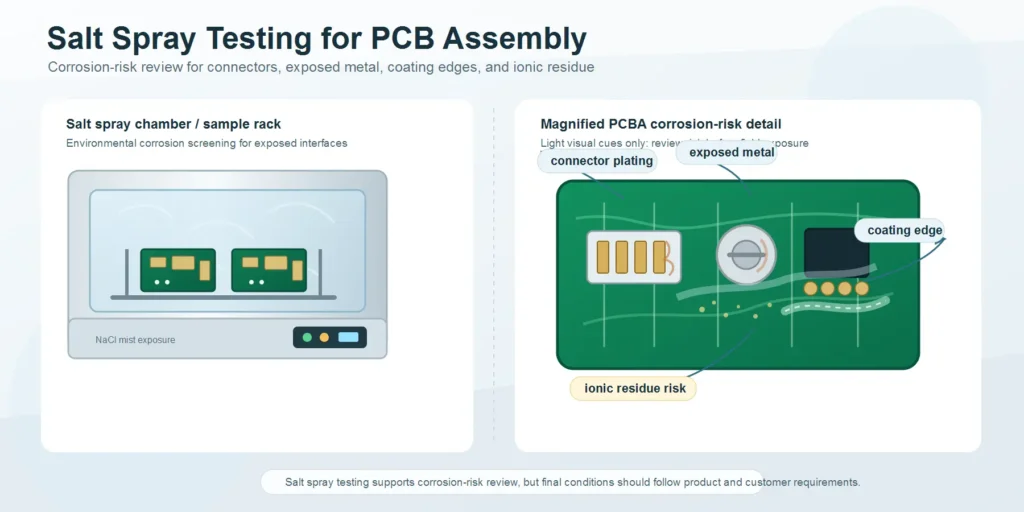 Salt spray testing for PCB assembly connector corrosion and exposed metal risk