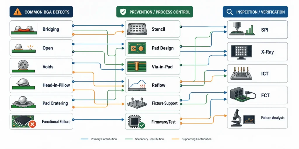 BGA assembly defect prevention map showing bridging, opens, voiding, head-in-pillow, pad cratering and functional failure controls
