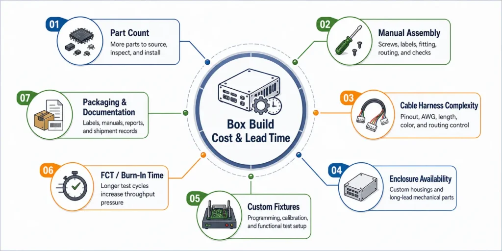 Box build assembly cost and lead time drivers including parts, cables, fixtures, enclosure, testing, and packaging