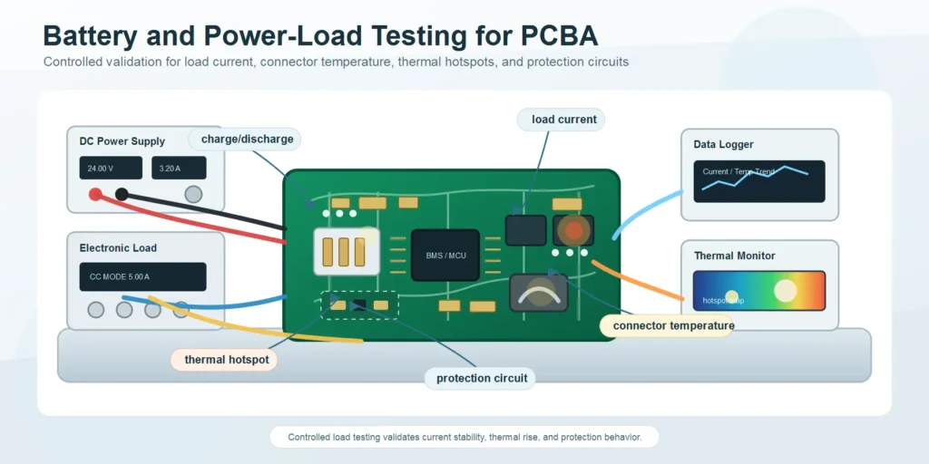 Battery-powered PCBA load testing with current monitoring and thermal measurement