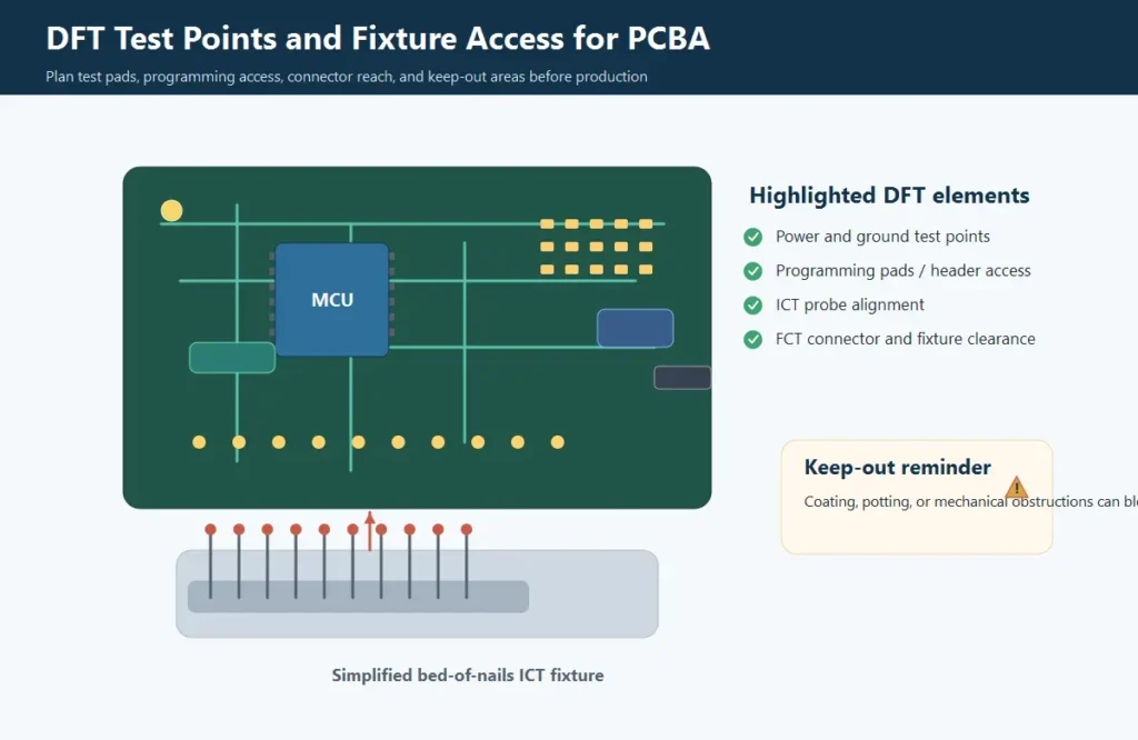 PCBA DFT test points, programming port, ICT fixture, and FCT access planning