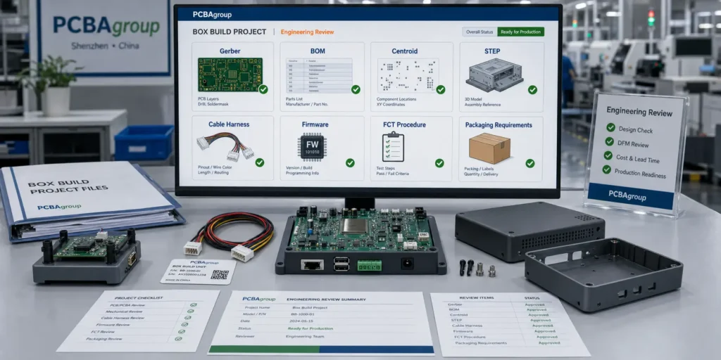 PCBAgroup box build review package with Gerber, BOM, centroid, enclosure drawings, cable harness, firmware, and test requirements